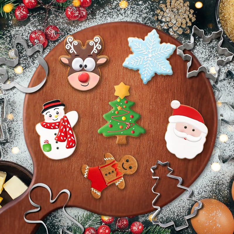 FUSOTO 6PCS Christmas Cookie Cutters, Holiday Xmas Cookie Cutters Christmas Shapes - Gingerbread Man, Snowflake, Snowman, Christmas Tree, Reindeer, Santa Face for Cookie Baking - Image 3